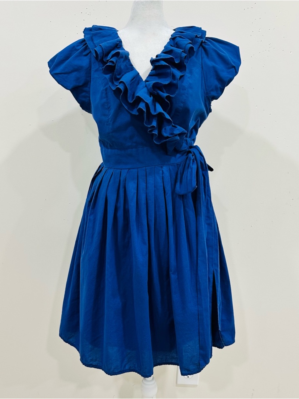 Double Zero Cobalt Blue Ruffle Wrap Dress Pleated Skirt Fit & Flare Size L